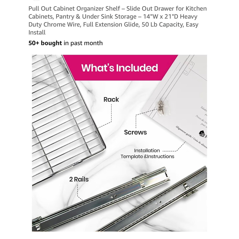 Pull Out Cabinet Organizer 14W x 21D Chrome Wire Slide Out Drawer 50lb Capacity - Picture 3 of 3
